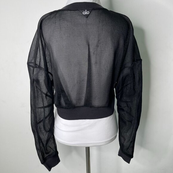 Alo Women's Black Sheer Mesh Long Sleeve Cropped Crewneck Top Size Medium - Picture 5 of 11